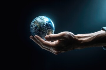 A person holding a small earth in their hand. This image can be used to represent concepts such as environmental conservation, global issues, unity, and sustainability - obrazy, fototapety, plakaty