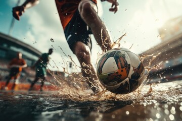 A soccer player kicking a soccer ball in the water. Can be used to depict a unique sports activity...