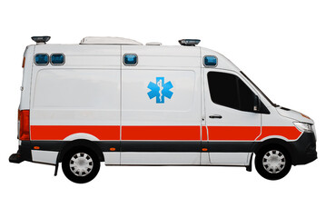 Isolated Side View of The Ambulance Car on a White Background. Emergency Assistance Vehicle. Hospital Healthcare Daily Transport.