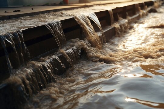 Water flowing down a drain in a close-up view. This image can be used to depict concepts related to plumbing, water drainage, environmental issues, or urban infrastructure