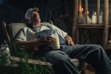 Obraz premium A man sitting in a chair holding a glass of milk. This image can be used to depict relaxation, refreshment, or enjoying a healthy beverage