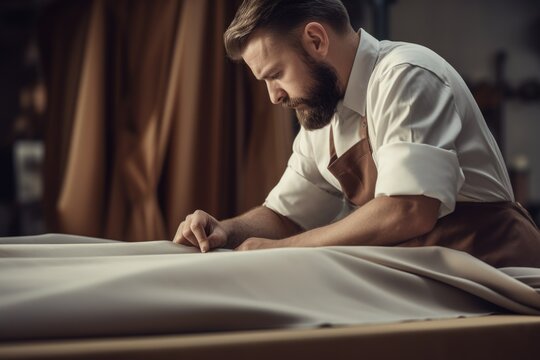 A man wearing an apron is working on a piece of cloth. This image can be used to showcase craftsmanship or tailoring skills