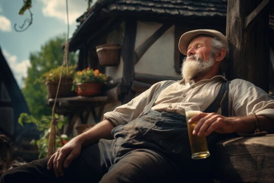 A picture of a man with a white beard sitting on a bench, holding a beer in his hand. This image can be used to represent relaxation, enjoying a drink, or spending time outdoors