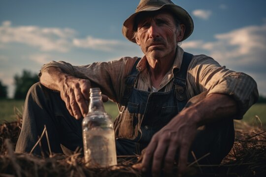 A man is seen sitting in a peaceful field, with a bottle by his side. This image can be used to represent relaxation, solitude, or enjoying nature