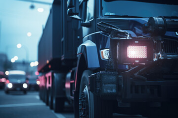 A detailed view of a truck on a bustling city street. This image can be used to showcase urban transportation, city life, or commercial vehicles