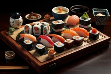 Intricate Japanese sushi top view set. Sashimi sauce. Generate Ai