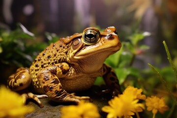 A close-up view of a frog sitting on a rock. This image can be used to depict wildlife, nature, or amphibians in their natural habitat