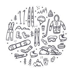 Vector round illustration of a collection of symbols for skiing and winter sports, hand-drawn in the style of doodles