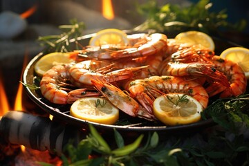 A pan filled with shrimp and lemon slices. This versatile image can be used to showcase delicious seafood dishes or for cooking tutorials and recipe blogs