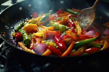 A pan filled with vegetables cooking on a stove. This image can be used to showcase healthy cooking, meal preparation, or vegetarian recipes