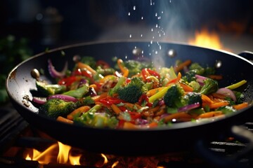 A wok filled with vegetables cooking on a fire. Perfect for food-related projects and cooking enthusiasts - obrazy, fototapety, plakaty