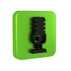 Black Microphone icon isolated on transparent background. On air radio mic microphone. Speaker sign. Green square button.