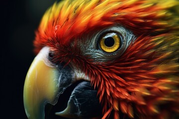 A detailed view of a parrot's face with a black background. This image can be used for various purposes, such as animal-themed designs or educational materials