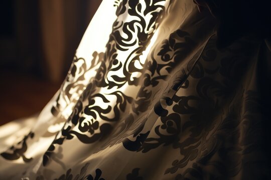 A close up view of a curtain with a unique and intricate pattern. This image can be used to enhance interior design blogs, home decor magazines, or articles on textile patterns
