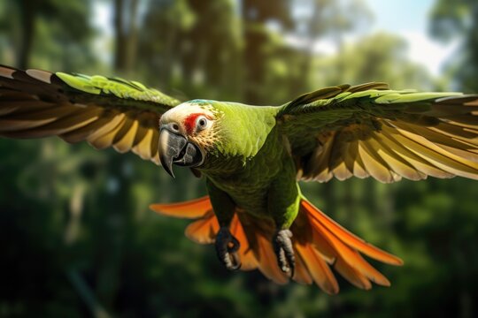 A parrot in mid-air, soaring with its wings fully extended. This image captures the beauty and freedom of a parrot in flight. Perfect for nature enthusiasts or bird lovers.