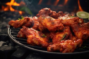A plate of delicious chicken wings being cooked on a grill. Perfect for barbecues and outdoor cooking