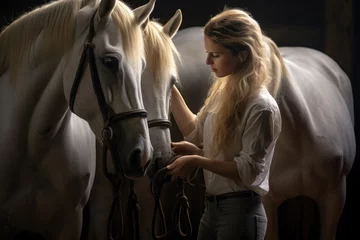 Foto op Plexiglas anti-reflex A woman standing next to a majestic white horse. Perfect for equestrian enthusiasts or animal lovers. © Ева Поликарпова