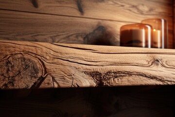 A close up of a wooden shelf with candles. Perfect for adding a cozy and warm atmosphere to any space