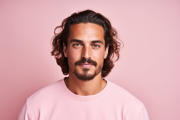 Obraz premium medium shot portrait of a man in his 30s against a light pink background, generative ai 