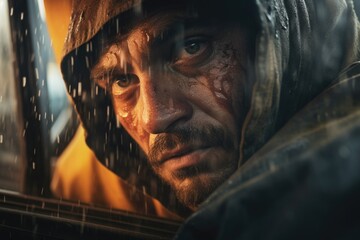 A close-up shot of a person wearing a hood.