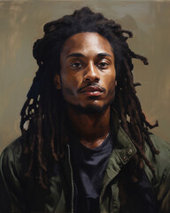 Portrait of a young black man with long hair, painting style, generative ai 