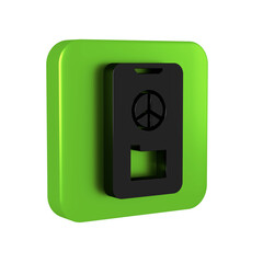 Black Peace icon isolated on transparent background. Hippie symbol of peace. Green square button.