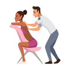 Massage therapist at work. Patient sits on chair, enjoying body relaxing treatment. Physiotherapist practicing massage, isolated cartoon characters. Flat  illustration