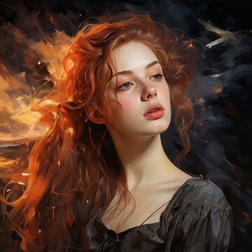 Portrait of a beautiful red-haired girl with a flying hair.