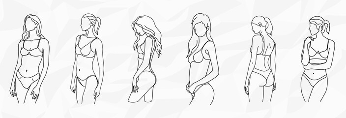 Sechs anonyme Frauen Lineart Zeichnungen in Unterwäsche Vektor Grafiken