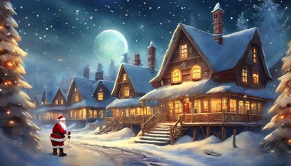 Christmas and New Year. Everything is blanketed in snow. Santa Claus, with a sack of gifts, stands by the road near the Christmas tree and fairy-tale cottages. Snow is falling, and the moon is shining - obrazy, fototapety, plakaty