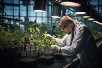 scientist examining plant samples under artificial light in a modern laboratory - obrazy, fototapety, plakaty