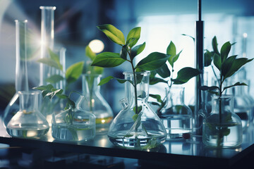 young plant specimens growing in various scientific glassware in a laboratory setting