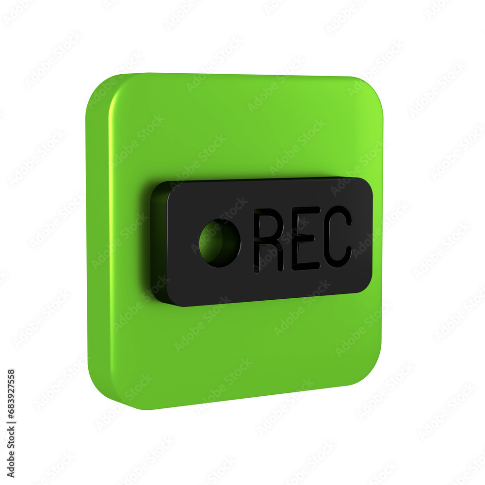 Poster black record button icon isolated on transparent background. rec button. green square button.