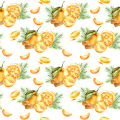 Watercolor Christmas orange tangerines seamless pattern. Hand drawn background with winter citrus fruits and pine branch for packing, label, logo design
