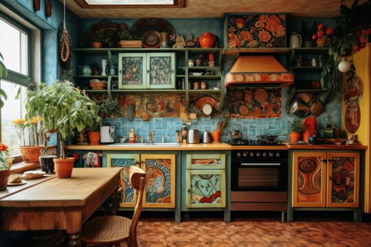 Eclectic Kitchen boho rustic. Room decoration. Generate Ai