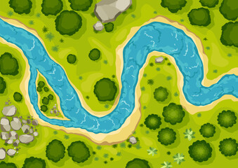 Top view river landscape. Summer beautiful valley, scenic picturesque natural stream. River with trees on shore. Landscape with winding river.  illustration
