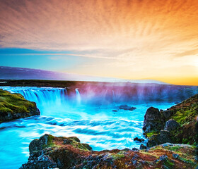 Exciting beautiful landscape with one of the most spectacular waterfalls in Iceland Godafoss on the...