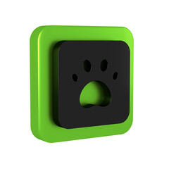 Black Paw print icon isolated on transparent background. Dog or cat paw print. Animal track. Green square button.