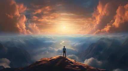 Foto op Canvas A solitary figure standing at the edge of a precipice, gazing at the vast expanse as if communing with the heavens. © Imran_Art