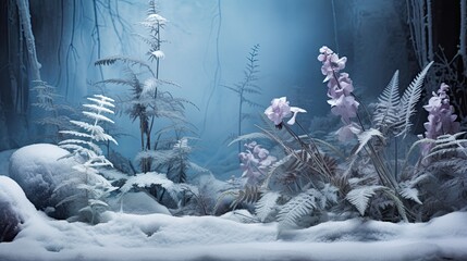 A tapestry of frozen violets and snow-dusted ferns on a muted teal surface. Winter background. 