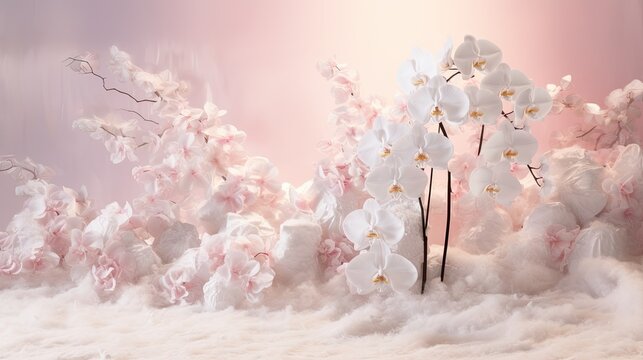 White orchids intermingled with silver ferns and sparkling snow accents. Christmas, winter background. 