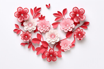3d, flowers and hearts according to Valentine's day, a heart made of red and pink paper flowers, background with heart, pastel colors