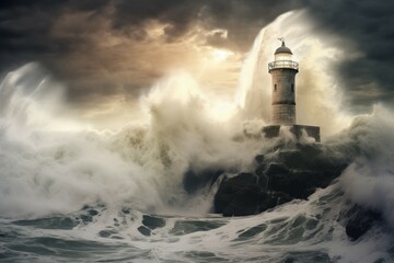 Fototapeta na wymiar Lighthouse storm winter. Ocean clouds. Generate Ai
