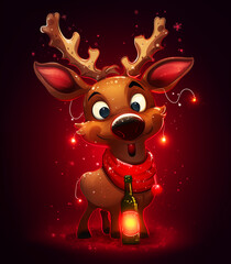 Drunk fawn - Funny cute christmas deer, with lights on his horns, new year's drink, festive treat, comic character, red nose, in red range gamut, christmas reindeer