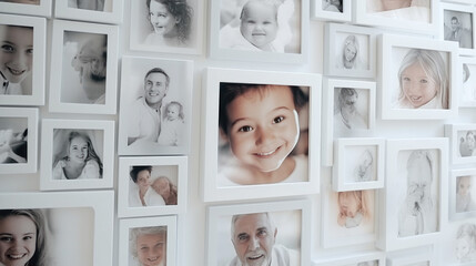 White wall with photos of the family in various photo frames. Space for text - obrazy, fototapety, plakaty
