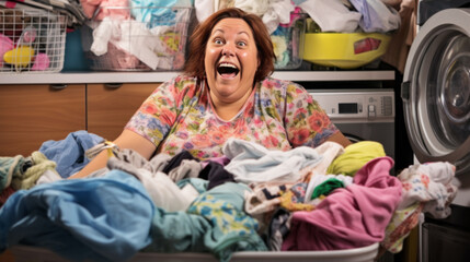 Frustrated overweigh housewife surrounded with pile of laundry, housework routine concept.