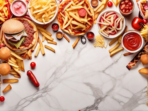 Junk food double border over a white marbal AI-Generative