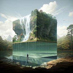 concept illusion of an ideal world, an image of a water world standing on water, in the style of surreal architectural landscapes, tesseract, naturalistic realism, matte painting, dark green and light