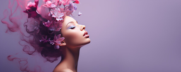 Beautiful young woman with purple flowers on her head