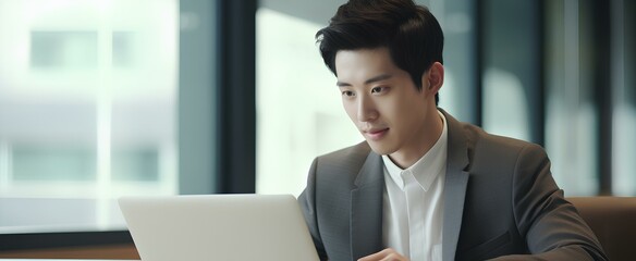 Happy young Korean business man entrepreneur in office using laptop at work, smiling professional East Asian male company executive wearing suit working on computer at workplace. generative AI - obrazy, fototapety, plakaty